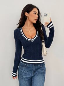 SHEIN PETITE Women's Solid Color Patchwork V-Neck Long Sleeve Casual Sweater In Fall/Winter ,Petite Women - Navy Blue - View 10