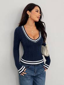SHEIN PETITE Women's Solid Color Patchwork V-Neck Long Sleeve Casual Sweater In Fall/Winter ,Petite Women - Navy Blue - View 4