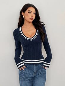 SHEIN PETITE Women's Solid Color Patchwork V-Neck Long Sleeve Casual Sweater In Fall/Winter ,Petite Women - Navy Blue - View 3
