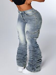 Flirla 大尺碼拼色貼袋修身喇叭褲 天藍色 夏季休閒 正式約會牛仔褲 - 藍色 - 查看 3