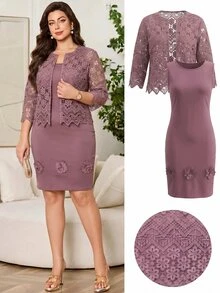 Reflora Plus Size Women's Applique Round Neck Dress And Cardigan Casual Daily 2-Piece Set Fall - Dusty Pink - View 9