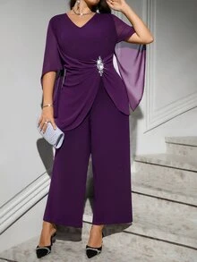 Reflora Plus Size Women V-Neck Rhinestone Decor Casual Daily Wear Jumpsuit - Purple - View 5
