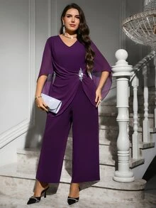Reflora Plus Size Women V-Neck Rhinestone Decor Casual Daily Wear Jumpsuit - Purple - View 8