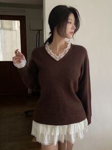 DAZY Sweater Rajut Wanita Lengan Panjang Longgar Leher V dengan Motif Patchwork dan Kontras Renda, Elegan untuk Liburan Musim Semi dan Gugur - Coklat - View 5