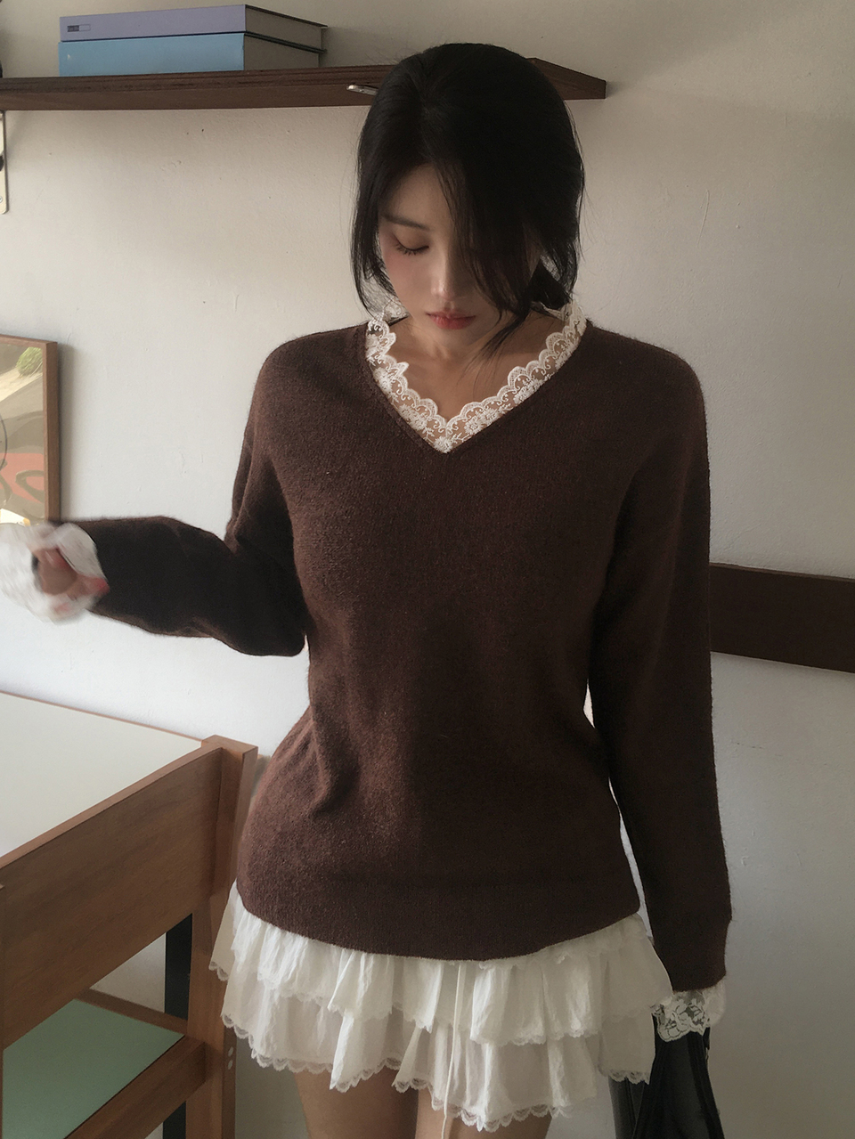 Women's Patchwork Contrast Lace Loose Long Sleeve V-Neck Elegant Vacation Spring Autumn Pullover Knit Sweater
