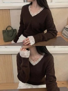 DAZY Sweater Rajut Wanita Lengan Panjang Longgar Leher V dengan Motif Patchwork dan Kontras Renda, Elegan untuk Liburan Musim Semi dan Gugur - Coklat - View 1