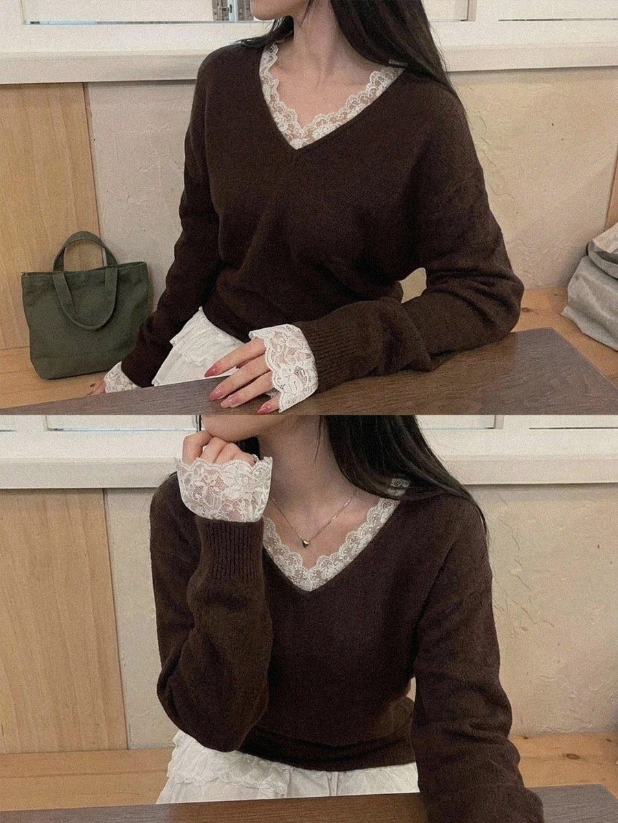DAZY Sweater Rajut Wanita Lengan Panjang Longgar Leher V dengan Motif Patchwork dan Kontras Renda, Elegan untuk Liburan Musim Semi dan Gugur - Coklat - View 1