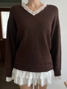 DAZY Sweater Rajut Wanita Lengan Panjang Longgar Leher V dengan Motif Patchwork dan Kontras Renda, Elegan untuk Liburan Musim Semi dan Gugur - Coklat - View 4