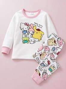 Maija Kids HELLO KITTY AND FRIENDS | SHEIN Maija Kids 女童圓領卡通印花長袖上衣與長褲休閒日常居家睡衣套裝 - 彩色 - 查看 3