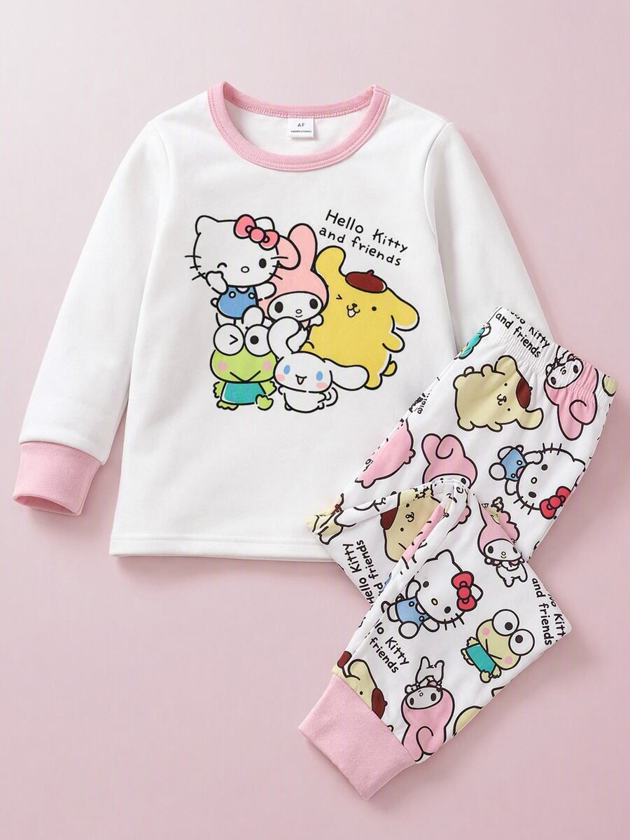 Maija Kids HELLO KITTY AND FRIENDS | SHEIN Maija Kids 女童圓領卡通印花長袖上衣與長褲休閒日常居家睡衣套裝 - 彩色 - 查看 1