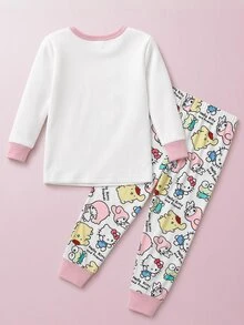 Maija Kids HELLO KITTY AND FRIENDS | SHEIN Maija Kids 女童圓領卡通印花長袖上衣與長褲休閒日常居家睡衣套裝 - 彩色 - 查看 2