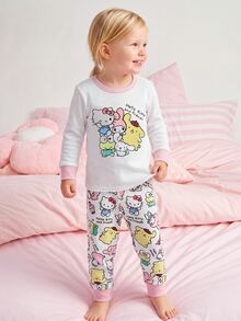 Maija Kids HELLO KITTY AND FRIENDS | SHEIN Maija Kids 女童圓領卡通印花長袖上衣與長褲休閒日常居家睡衣套裝 - 彩色 - 查看 7