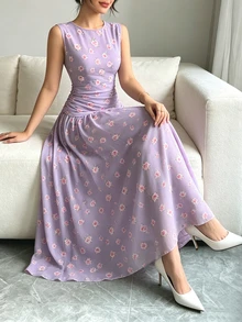 Modelyn 玫瑰印花法式无袖连衣裙，女士时尚低腰收腰长裙，褶皱腰部设计，浅紫色花卉图案连衣裙，夏季度假风，优雅日常装扮 - 彩色 - 查看 4