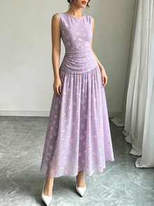 Modelyn 玫瑰印花法式无袖连衣裙，女士时尚低腰收腰长裙，褶皱腰部设计，浅紫色花卉图案连衣裙，夏季度假风，优雅日常装扮 - 彩色 - 查看 3