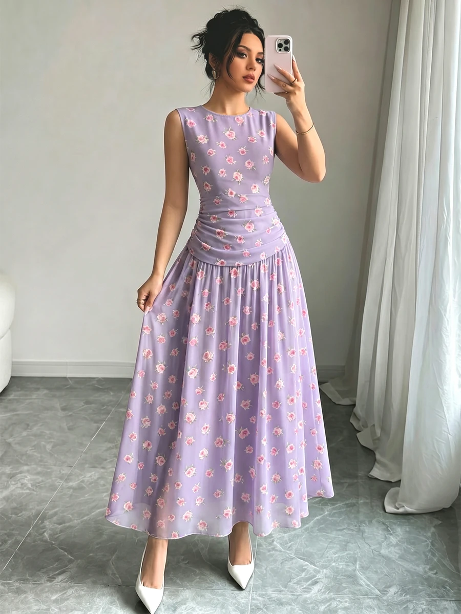 Modelyn 玫瑰印花法式无袖连衣裙,女士时尚低腰收腰长裙,褶皱腰部设计,浅紫色花卉图案连衣裙,夏季度假风,优雅日常装扮 - 彩色 - 查看 1