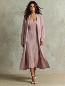 Franclia 女士纯色落肩长袖长款宽松针织开衫和无袖针织连衣裙两件套，秋季 - 藕粉色 - 查看 1