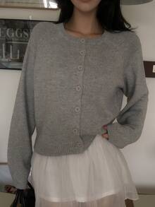 DAZY Women's Solid Color Loose Round Neck Long Sleeve Short Knit Cardigan, Casual Vacation Spring Autumn - Grey - View 5