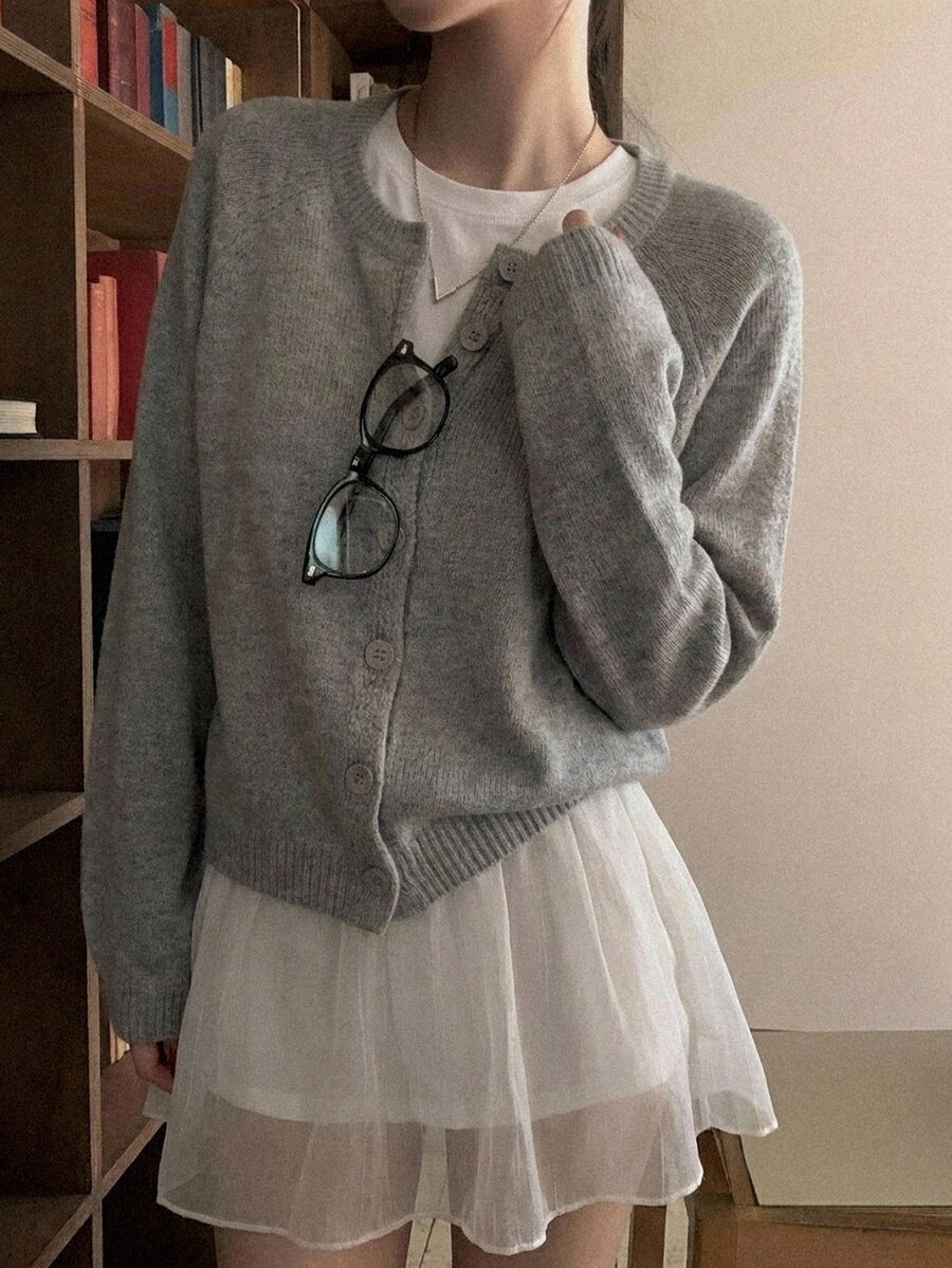 DAZY Women's Solid Color Loose Round Neck Long Sleeve Short Knit Cardigan, Casual Vacation Spring Autumn - Grey - View 1