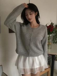 DAZY Women's Solid Color Loose Round Neck Long Sleeve Short Knit Cardigan, Casual Vacation Spring Autumn - Grey - View 7