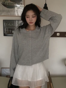 DAZY Women's Solid Color Loose Round Neck Long Sleeve Short Knit Cardigan, Casual Vacation Spring Autumn - Grey - View 2