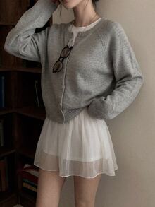 DAZY Women's Solid Color Loose Round Neck Long Sleeve Short Knit Cardigan, Casual Vacation Spring Autumn - Grey - View 9