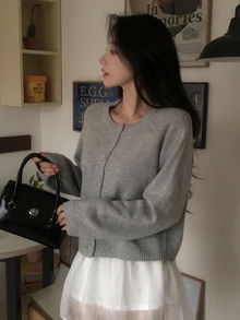 DAZY Women's Solid Color Loose Round Neck Long Sleeve Short Knit Cardigan, Casual Vacation Spring Autumn - Grey - View 6