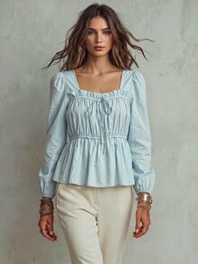 Franclia 女士时尚休闲蝴蝶结褶饰优雅衬衫 - 綠色 - 查看 3