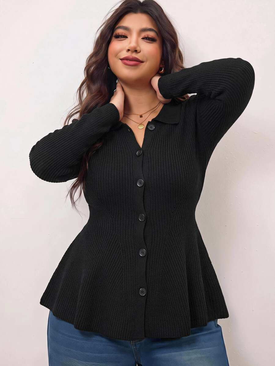 Enliva Plus-Size Women's Slim-Fit Knit Cardigan, Suitable For Autumn And Winter, And For Curvy Figures - Black - View 1