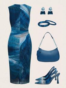Ellevyn Women's Sleeveless Pleated Printed Mesh Knit Dress, Summer,Summer Dresses For Women - Blue - View 3