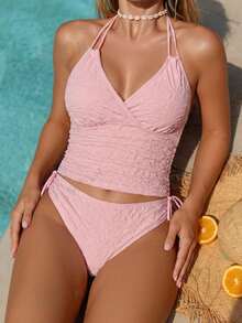 SHEIN Swim Plus Size Women Cerise Pink Swimwear Set, Summer Tropical Beach Holiday 3D Fabric Side Drawstring Casual Top, Regular Triangle Bottoms, Pool Party - Multicolor - View 4