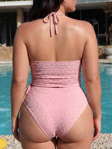SHEIN Swim Plus Size Women Cerise Pink Swimwear Set, Summer Tropical Beach Holiday 3D Fabric Side Drawstring Casual Top, Regular Triangle Bottoms, Pool Party - Multicolor - View 2