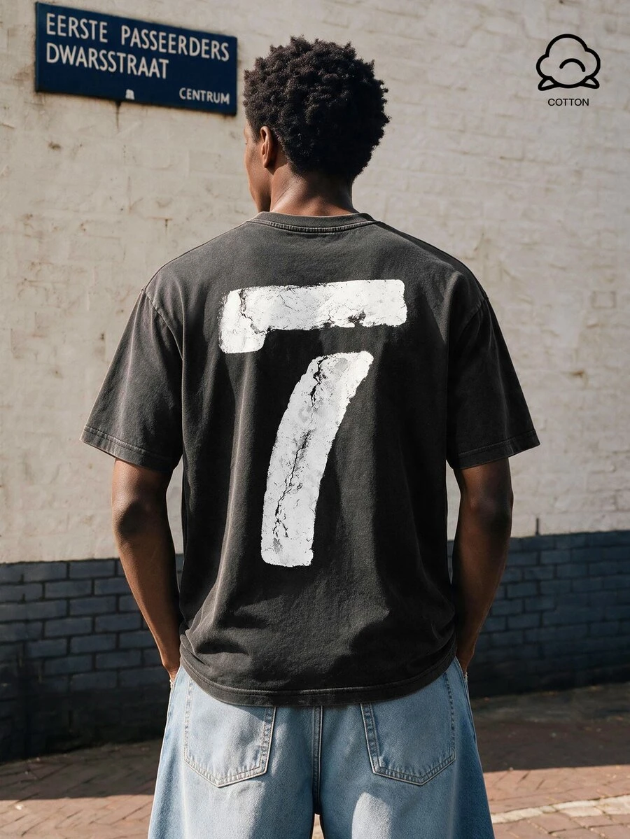 Lonveris Men's Number 7 Washed Cotton T-Shirt, Holiday - Black - View 1