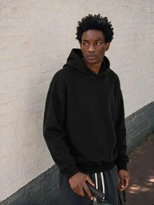 Lonveris 男士寬鬆休閒極簡全棉黑色短版連帽衛衣，高品質店鋪風格 - 黑色 - 查看 5