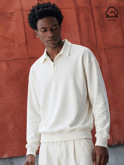Lonveris Loose Casual Minimalist Nordic Style Fashion White 100% Cotton POLO Pullover Sweatshirt, Comfortable