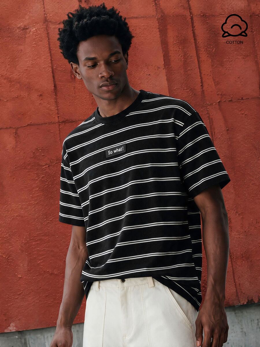 Lonveris Men's Standard Size 87% Cotton Black Striped T-Shirt, "So What" Letter Patch Design, Suitable For Summer Outings And School, Holiday - Black - View 1