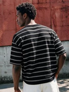 Lonveris Men's Standard Size 87% Cotton Black Striped T-Shirt, "So What" Letter Patch Design, Suitable For Summer Outings And School, Holiday - Black - View 2
