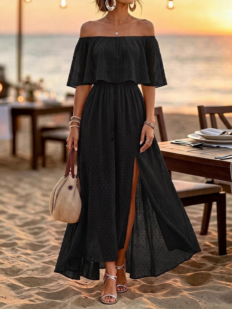 Breezaya Women's Off Shoulder Swiss Polka Dot High Slit Dress Maxi Vacation Beach Outfit - Black - View 3