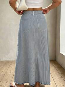 Dazy Plus Summer Autumn Loose Casual Blue Striped A-Line Denim Skirt - Blue - View 7