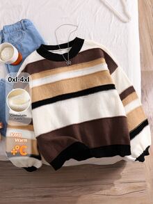 CosyJoli White Autumn Casual Back-To-School Striped Contrast Color Plus Size Elegant College Style Loose Fit Crew Neck Basic Oversized Pullover Sweater,School - Multicolor - View 11