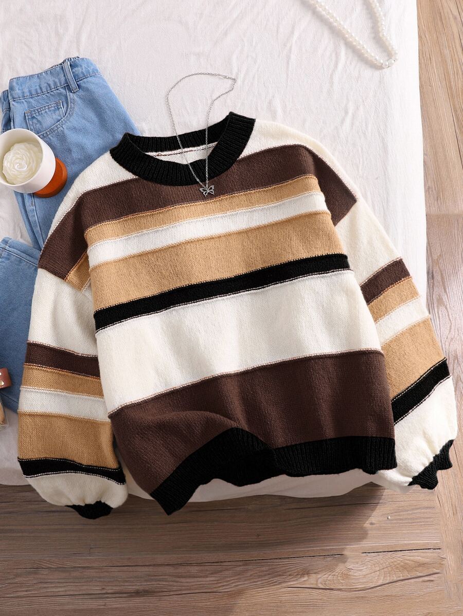 CosyJoli White Autumn Casual Back-To-School Striped Contrast Color Plus Size Elegant College Style Loose Fit Crew Neck Basic Oversized Pullover Sweater,School - Multicolor - View 1
