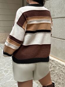 CosyJoli White Autumn Casual Back-To-School Striped Contrast Color Plus Size Elegant College Style Loose Fit Crew Neck Basic Oversized Pullover Sweater,School - Multicolor - View 7