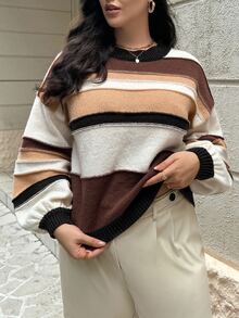 CosyJoli White Autumn Casual Back-To-School Striped Contrast Color Plus Size Elegant College Style Loose Fit Crew Neck Basic Oversized Pullover Sweater,School - Multicolor - View 6