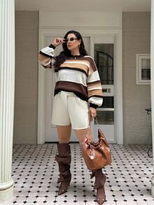 CosyJoli White Autumn Casual Back-To-School Striped Contrast Color Plus Size Elegant College Style Loose Fit Crew Neck Basic Oversized Pullover Sweater,School - Multicolor - View 9