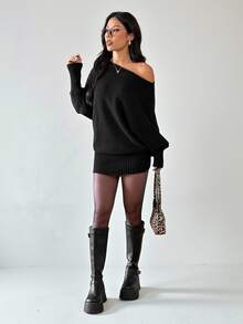 SHEIN PETITE Chic Elegant Casual Sexy Black Autumn Night Out Date Night Y2K Versatile Asymmetric Shoulder Long Sleeve Fitted Waist Bodycon Sweater Dress - Black - View 4