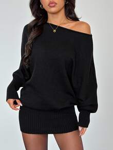 SHEIN PETITE Chic Elegant Casual Sexy Black Autumn Night Out Date Night Y2K Versatile Asymmetric Shoulder Long Sleeve Fitted Waist Bodycon Sweater Dress - Black - View 11