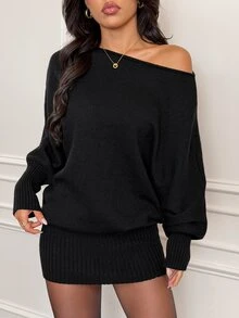 SHEIN PETITE Chic Elegant Casual Sexy Black Autumn Night Out Date Night Y2K Versatile Asymmetric Shoulder Long Sleeve Fitted Waist Bodycon Sweater Dress - Black - View 6