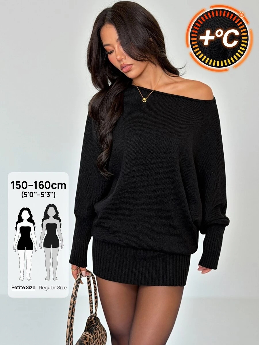 SHEIN PETITE Chic Elegant Casual Sexy Black Autumn Night Out Date Night Y2K Versatile Asymmetric Shoulder Long Sleeve Fitted Waist Bodycon Sweater Dress - Black - View 1