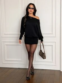 SHEIN PETITE Chic Elegant Casual Sexy Black Autumn Night Out Date Night Y2K Versatile Asymmetric Shoulder Long Sleeve Fitted Waist Bodycon Sweater Dress - Black - View 8