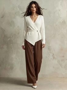 Franclia 女款優雅長袖開襟衫與長褲兩件套，白色與棕色，冬季，辦公室，休閒秋季感恩節與聖誕節穿搭 - 彩色 - 查看 3