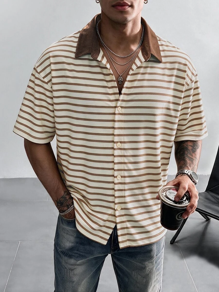 Manfinity Dauomo Men's Striped Casual Versatile Daily Wear Shirt - Brown - View 1